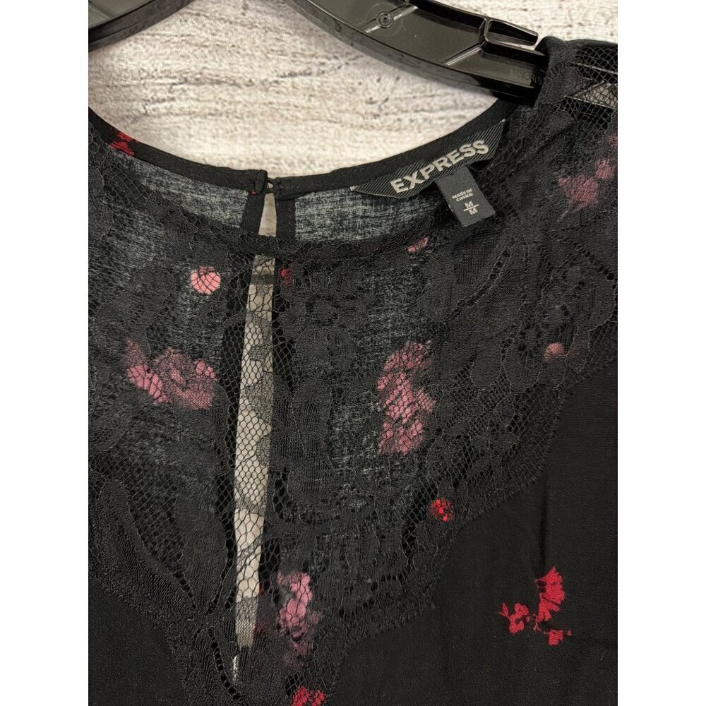 Express Black & Red Floral Lace Long Sleeve Mini Dress Size M - Picture 2 of 3